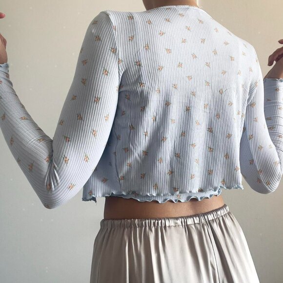 Pastel baby blue floral cropped ribbed lace trim cami and cardigan set | Size S - Picture 4 of 8